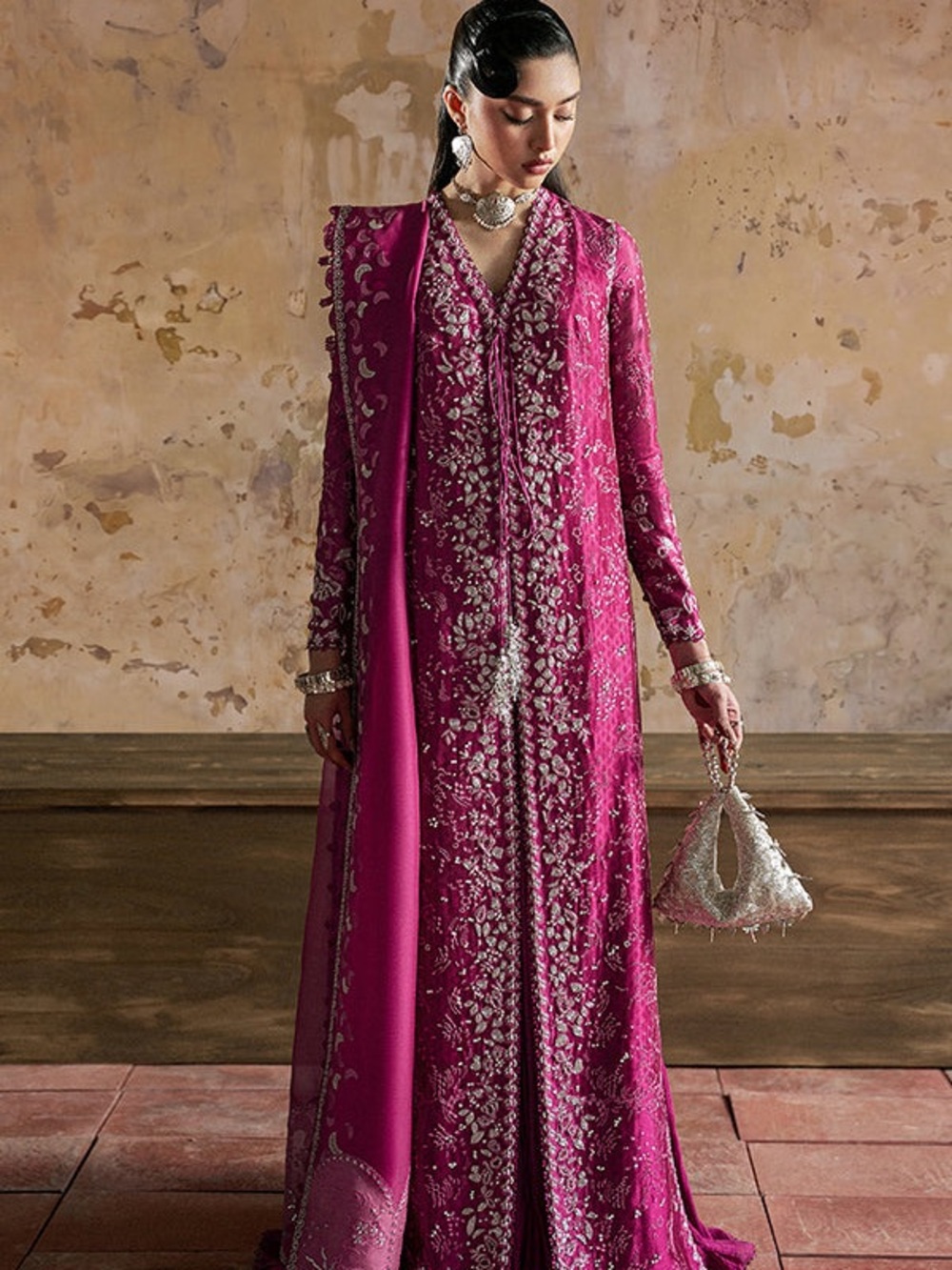 Fuchsia Embroidered Long Sleeve Formal Dress with Dupatta